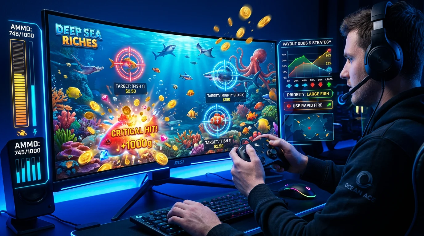 High-energy fish gameplay on a large screen with player controls