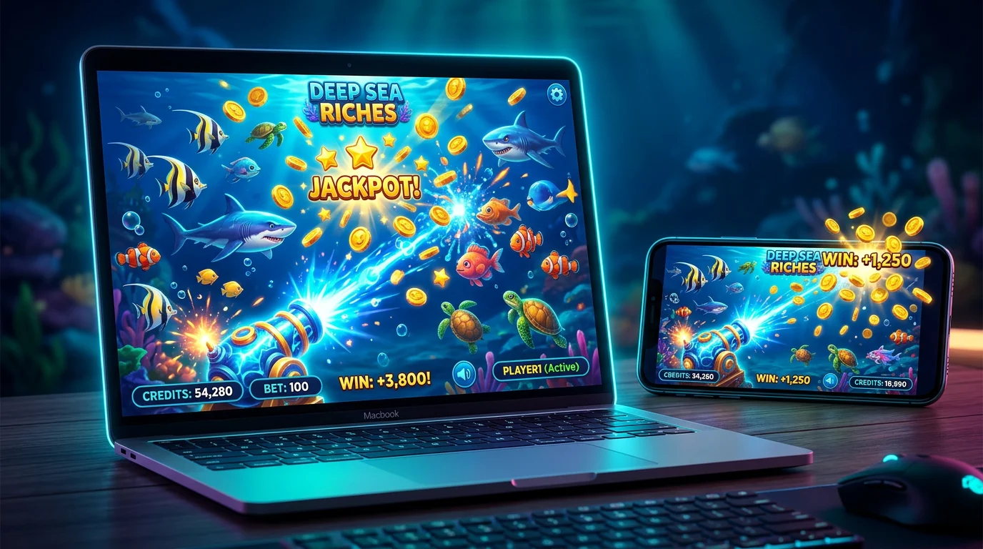 Laptop and phone showing fish table gameplay
