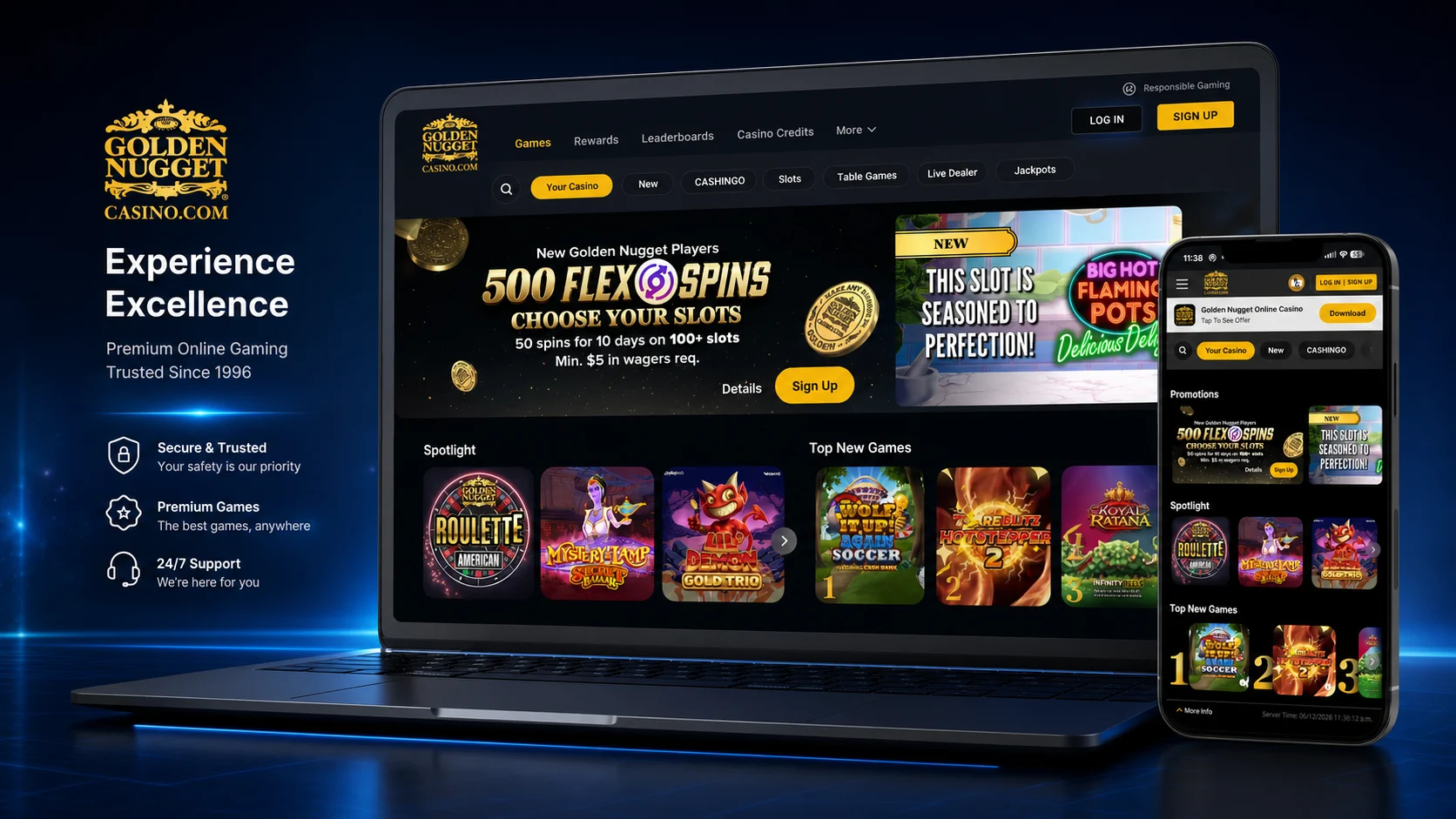 Golden Nugget online casino mockup on desktop and mobile