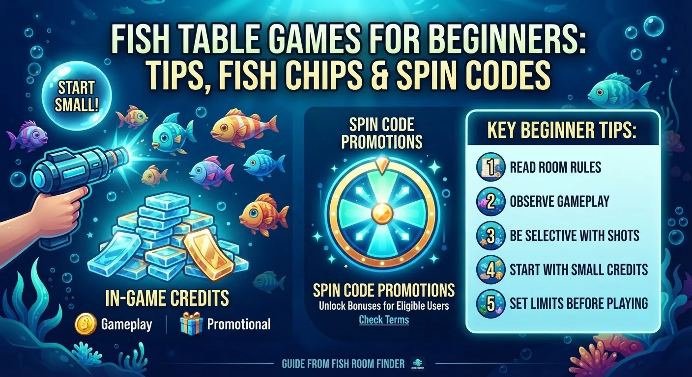 Fish table games for beginners guide showing fish chips, spin code promotions, and key beginner tips