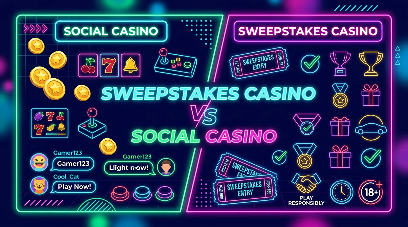 Sweepstakes Casino vs Social Casino comparison graphic showing social casino coins, arcade icons, sweepstakes tickets, prize icons, and responsible play symbols