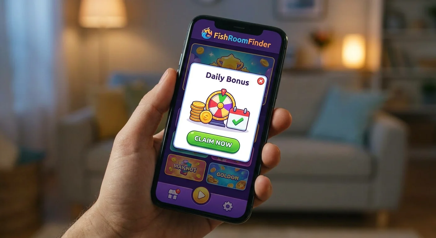 Illustration of a smartphone displaying a daily bonus wheel, virtual coins and a reward calendar.